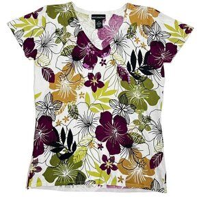 30% off! Petite Sophisticate women's blouse M white purple floral sequined